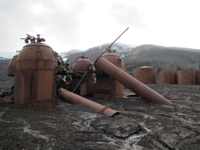 These cookers and boilers at Whalers Bay, Deception Island, Antarctica, were used to boil down whales’ skin and blubber, extracting their oil, from 1912 to 1931.