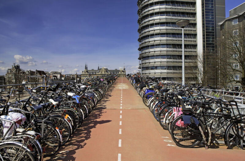 Image of long rows of parked bikes next to a cycling lane.