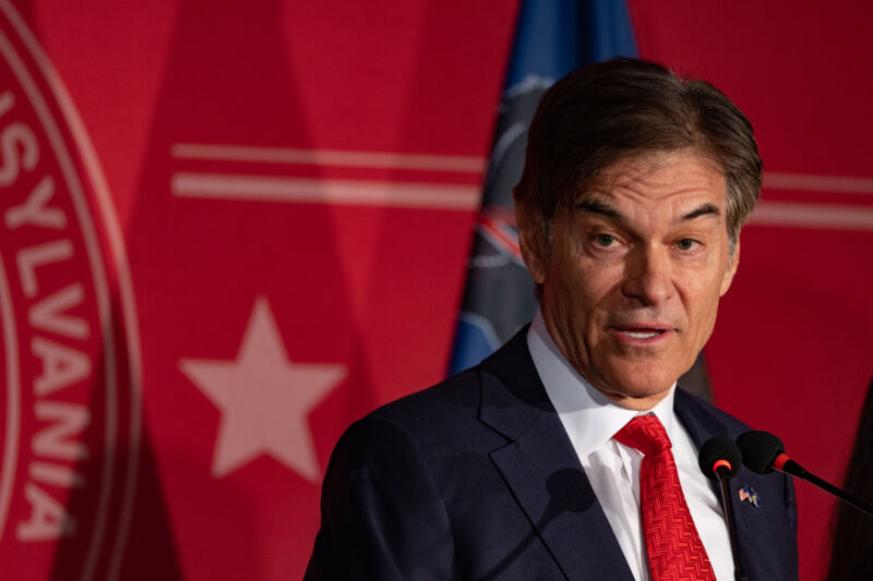 Mehmet Oz, US Republican Senate candidate for Pennsylvania, speaks during a campaign event in King of Prussia, Pennsylvania, on Thursday, June 9, 2022. 