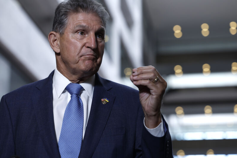 Sen. Joe Manchin (D-W.V.) speaking to reporters in the Hart Senate Office building on August 1, 2022, in Washington, DC. 