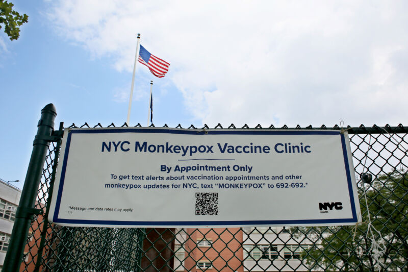 NYC Monkeypox Vaccine Clinic sign is displayed on August 2 in The Bronx borough of  New York. Mayor Eric Adams declared a state of emergency because of Monkeypox, allowing him to suspend certain laws and regulations to enact rules and policies aimed at combatting the fast-spreading virus.