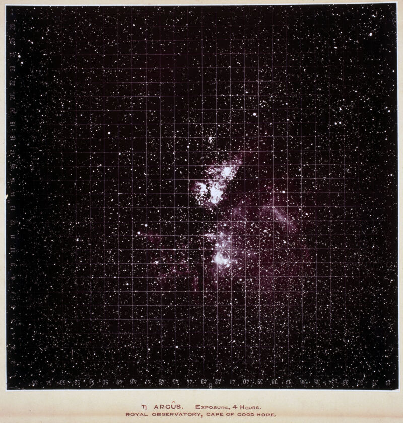 Photography showing the emission nebula, Eta Carina (formerly Eta Argus) taken using the Astrographic Telescope at the Royal Observatory in the Cape of Good Hope, South Africa.At the center of this complex nebula is a massive star but unstable which one day will explode spectacularly