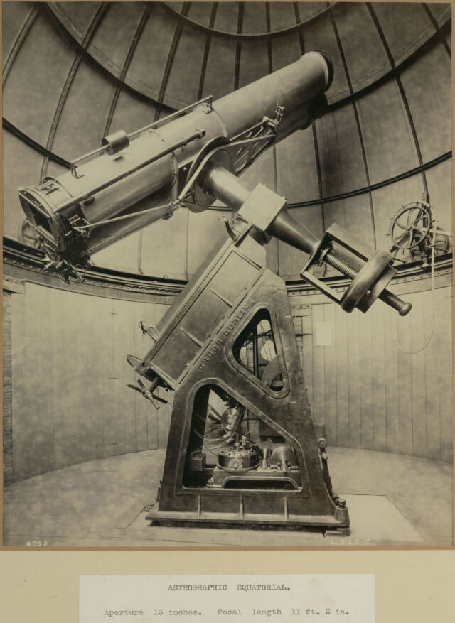 The Astrographic Telescope used at the Royal Observatory, Greenwich for the Carte du Ciel photographic sky survey. The instrument consists of two refracting telescopes mounted together on an equatorial mounting. One was used to take the photograph while the other was for ensuring accurate tracking during the long exposures necessary for the poorly light-sensitive films then available. 