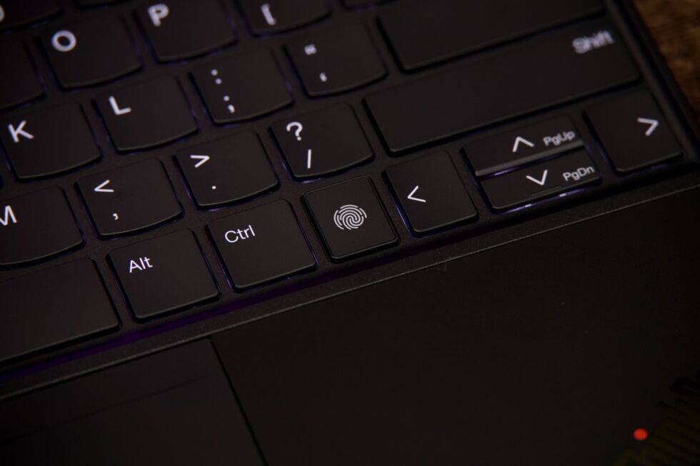 The Z13's fingerprint reader is nestled between its right Ctrl key and the arrow keys rather than on a power button.