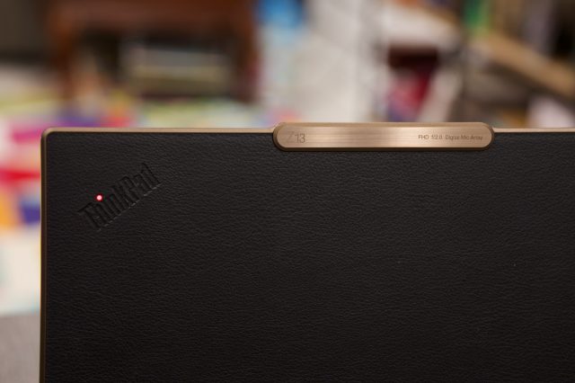 The Lenovo ThinkPad Z13 Gen 1's vegan leather lid and a raised "bump" area that houses the webcam.
