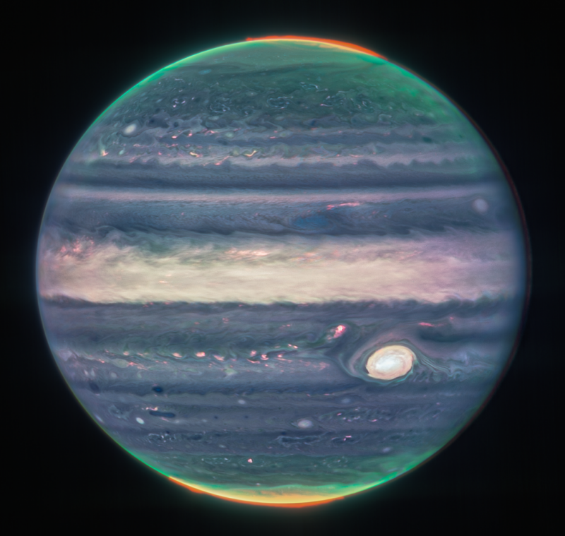 A Webb composite image of Jupiter from three filters.