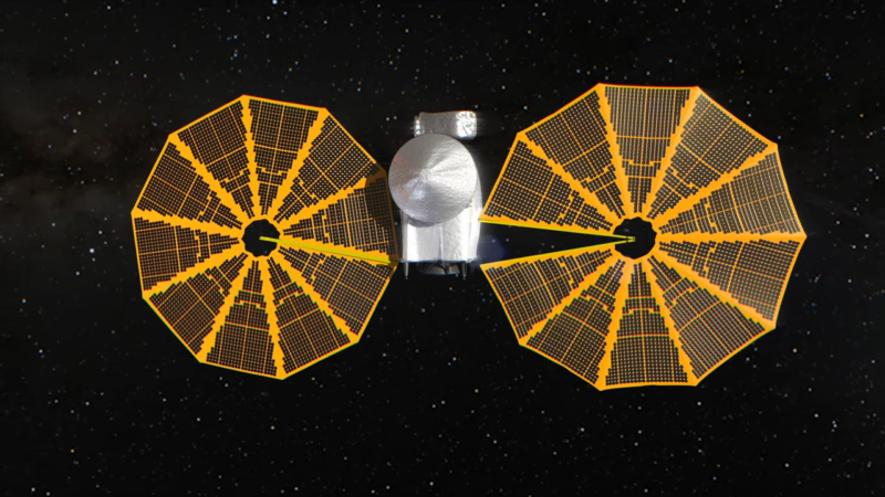 A NASA rendering of the Lucy spacecraft before efforts were made to fully open one of its solar arrays in May and June.