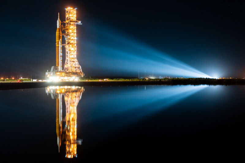 NASA's Space Launch System, reflected in the turn basin at the Kenendy Space Center in Florida.