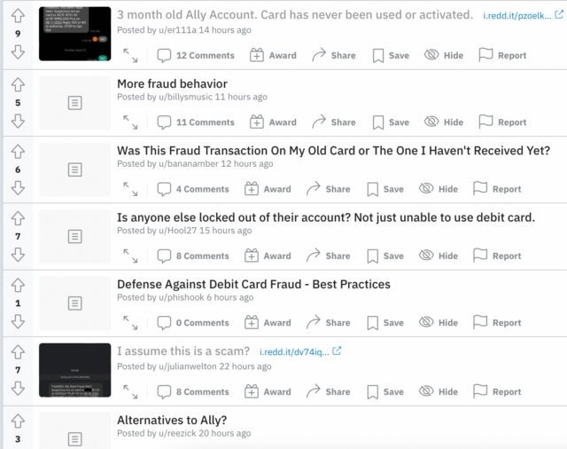 Screenshot from r/AllyBank on the morning of Friday August 19th.