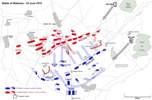 Map of the Battle of Waterloo, 18 June 1815, showing major movements and attacks.  Napoleon's units are in blue, Wellington's in red, Blucher's in gray.