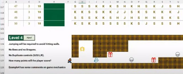 Part of the fourth level of the Excel-based platformer 