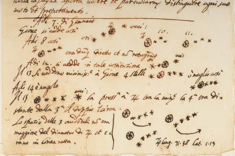 Annotations recording Galileo's discovery of the four moons of Jupiter, from the single-leaf manuscript in the collection of the University of Michigan. The library recently discovered the manuscript is a 20th-century forgery.