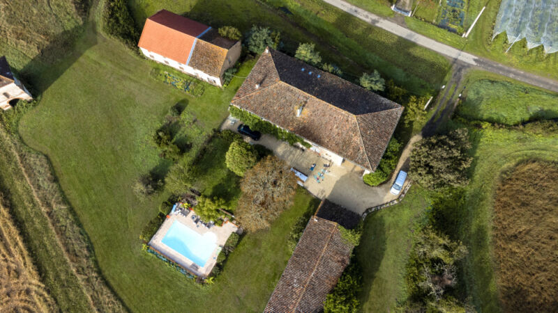 An aerial photo of a French pool