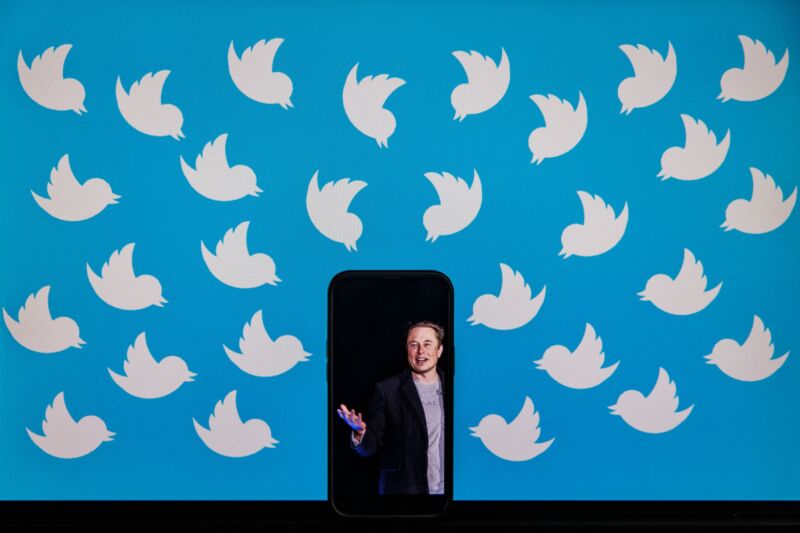 A cellphone showing a picture of Elon Musk placed on a computer monitor filled with the Twitter logo.