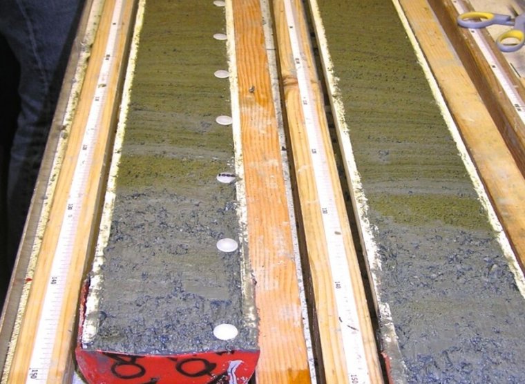 Image of long tubes holding layered deposits.