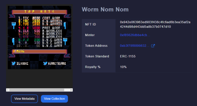 While <em&gtWorm Nom Nom</em> has been removed from the GameStop NFT marketplace, previously sold copies of the NFT (seen here on Loopring Explorer) still refer to playable versions of the game on GameStop's servers and IPFS.