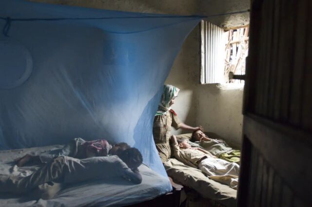 Children sleep under nets in Ethiopia to protect against malaria-spreading mosquitoes.