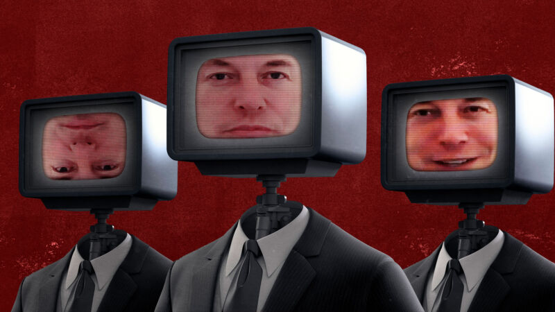 Illustration of three bots with Elon Musk's face.
