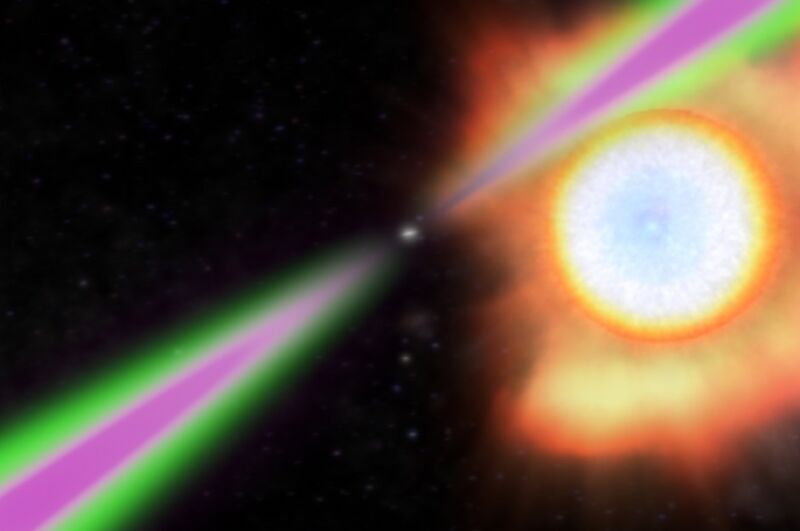 A spinning neutron star periodically swings its radio (green) and gamma-ray (magenta) beams past Earth.  A black widow pulsar heats the front side of its stellar companion to temperatures twice as high as the Sun's surface and slowly drains it.
