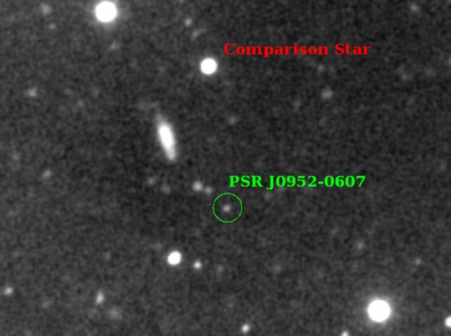 Astronomers have measured the velocity of a faint star (a green circle) that has been stripped of almost all of its mass by an unseen companion, a neutron star and a millisecond pulsar, which they determine is the most massive yet and possibly the upper limit of neutron stars. 