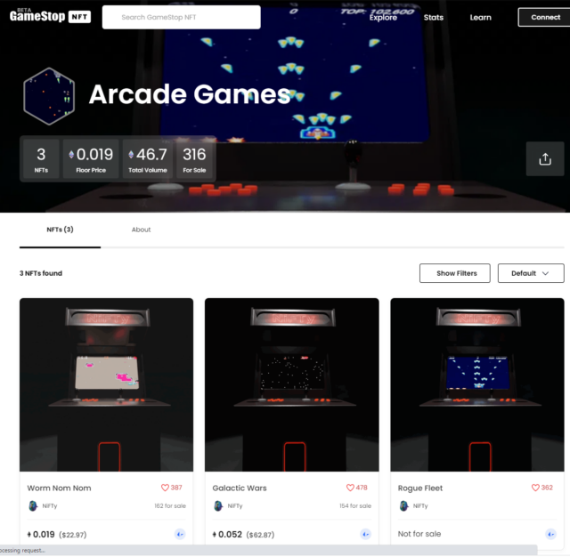 The NiFTy Arcade Collection, as of July 15, appeared on the GameStop NFT Marketplace.