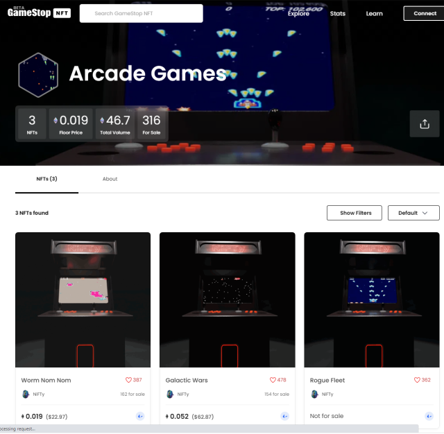 مجموعة NiFTy Arcade ، كما ظهرت في GameStop NFT Marketplace في 15 يوليو.