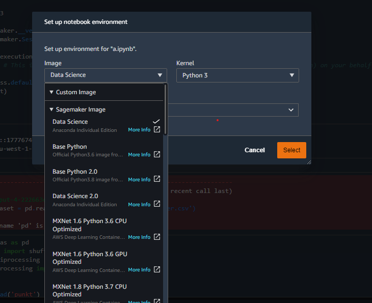 Ejemplos de los diferentes contenedores de kernel disponibles en Studio.