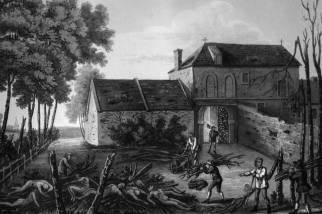 Artwork by James Rouse depicting the burial of the dead at Chateau Hougoumont after Waterloo.