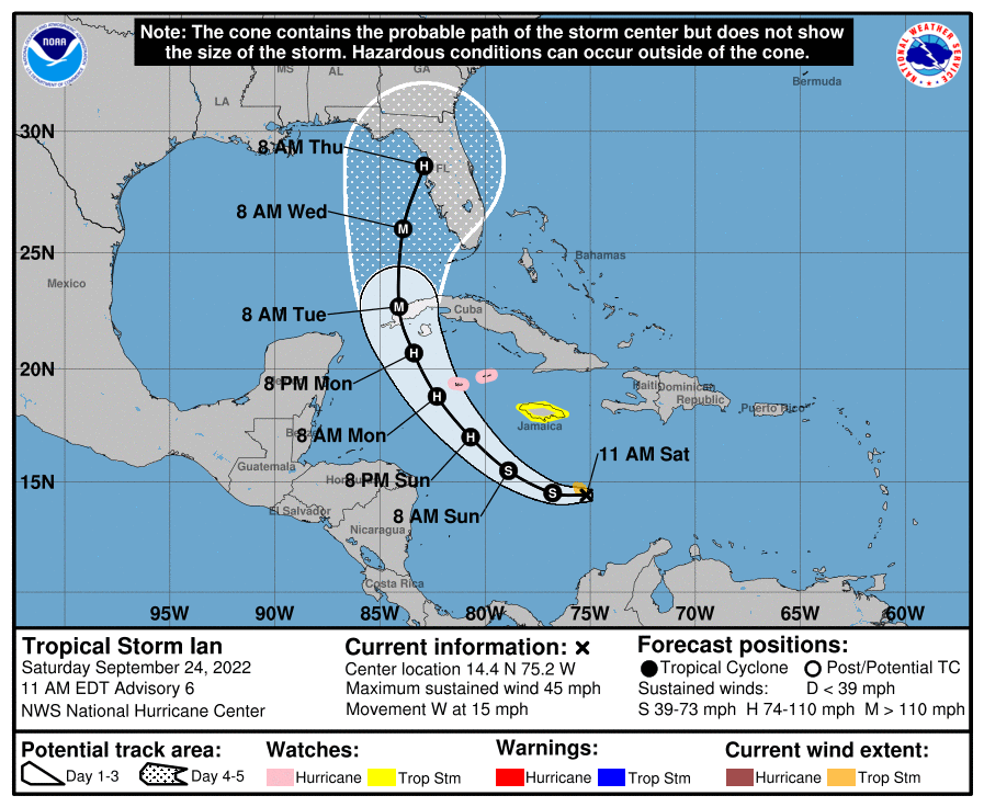 Five-day forecast for Tropical Storm Ian as of 11 a.m. ET (3:00 p.m. UTC) Saturday.