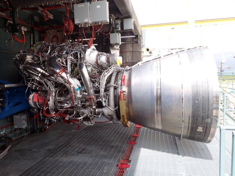 Photograph of BE-4 "flight engine no. 2" on Blue Origin's test stand in Texas, as shared on Twitter by ULA chief executive Tory Bruno on August 26, 2022.