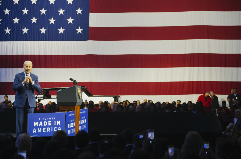 US President Joe Biden speaks at the Detroit Auto Show, in Detroit on September 14, 2022.