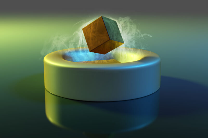 Illustration of magnetic levitation using a high-temperature ceramic superconductor.