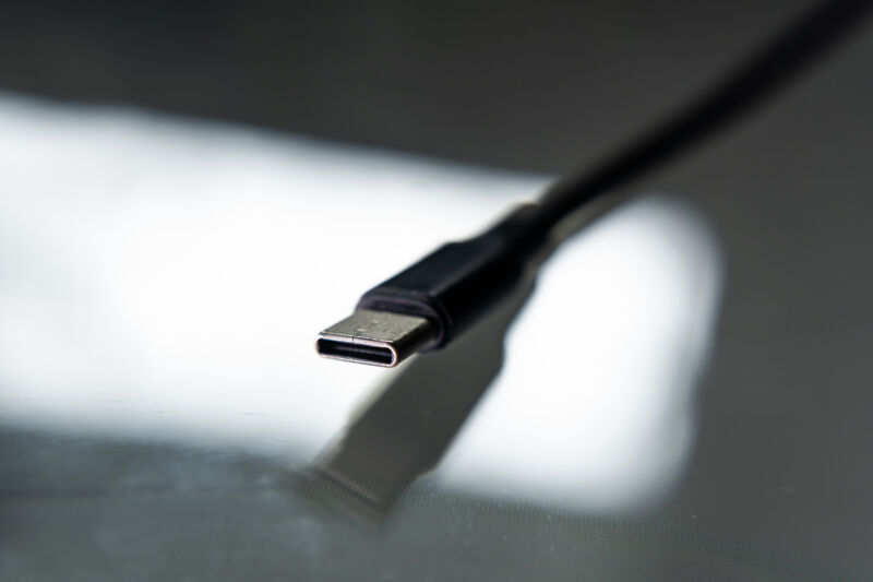 A close-up shot of a USB-C cable plug.