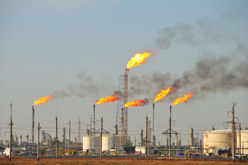 Gas flaring at an oil refinery