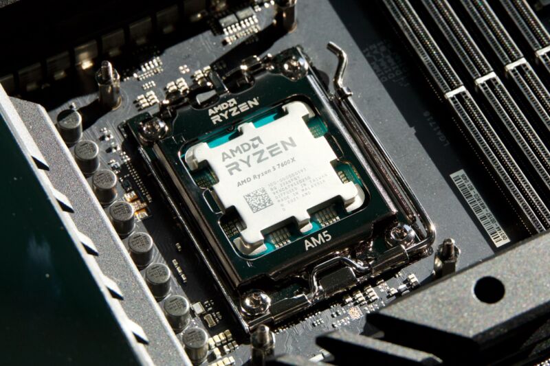 AMD's Ryzen 7600X, nestled into the brand-new Socket AM5.