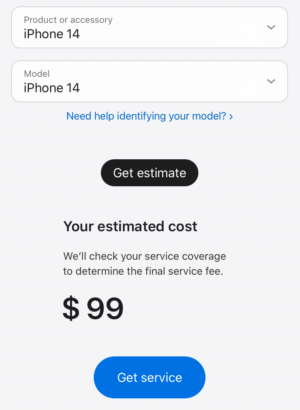 iPhone 14 battery replacement costs at an Apple Store, as shown on Apple's support site.