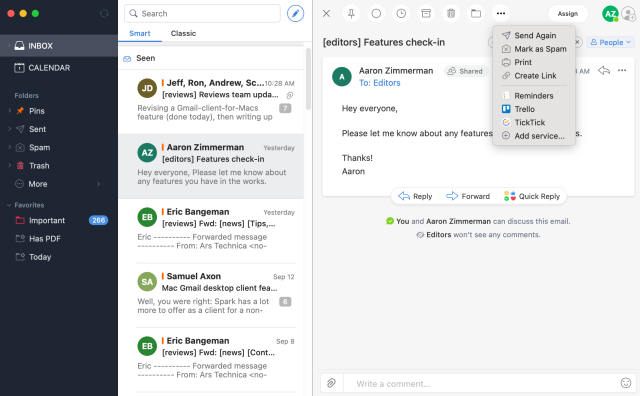 Spark works well with a Gmail mindset, but it adds useful filtering, collaboration, and third-party app extensions.