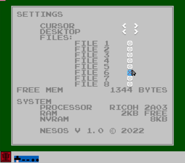 O aplicativo NESOS Settings, que também funciona como gerenciador de arquivos.  Você pode escolher cores personalizadas e um cursor, incluindo Kirby.