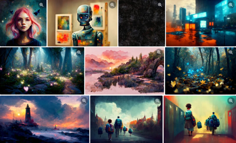 Una selección de obras de arte generadas por IA que se pueden licenciar a través de Shutterstock.