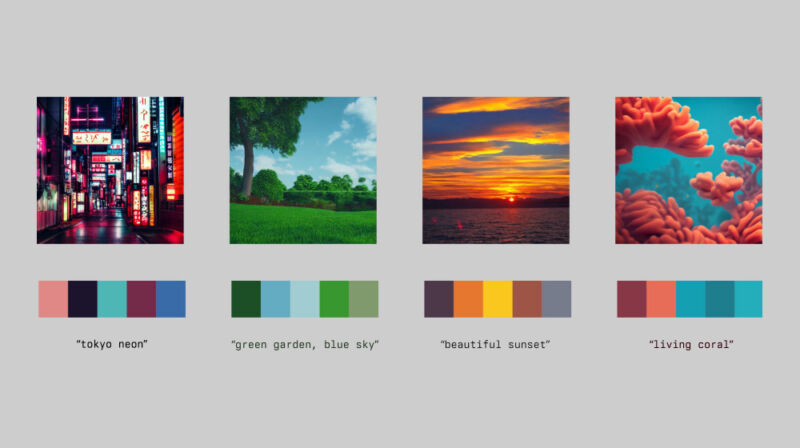 A series of four example color palettes extracted from text descriptions by Matt DesLauriers.
