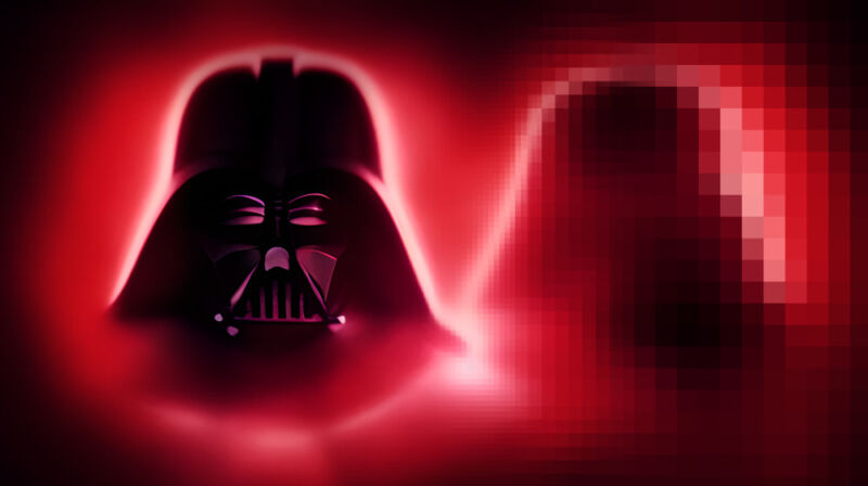 An illustration of Darth Vader melting into pixels.