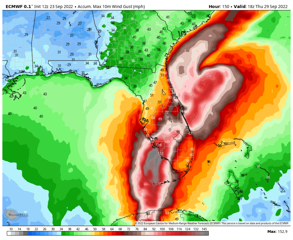 Forecast from the European model at 12z for maximum wind gusts through Wednesday, September 28. 