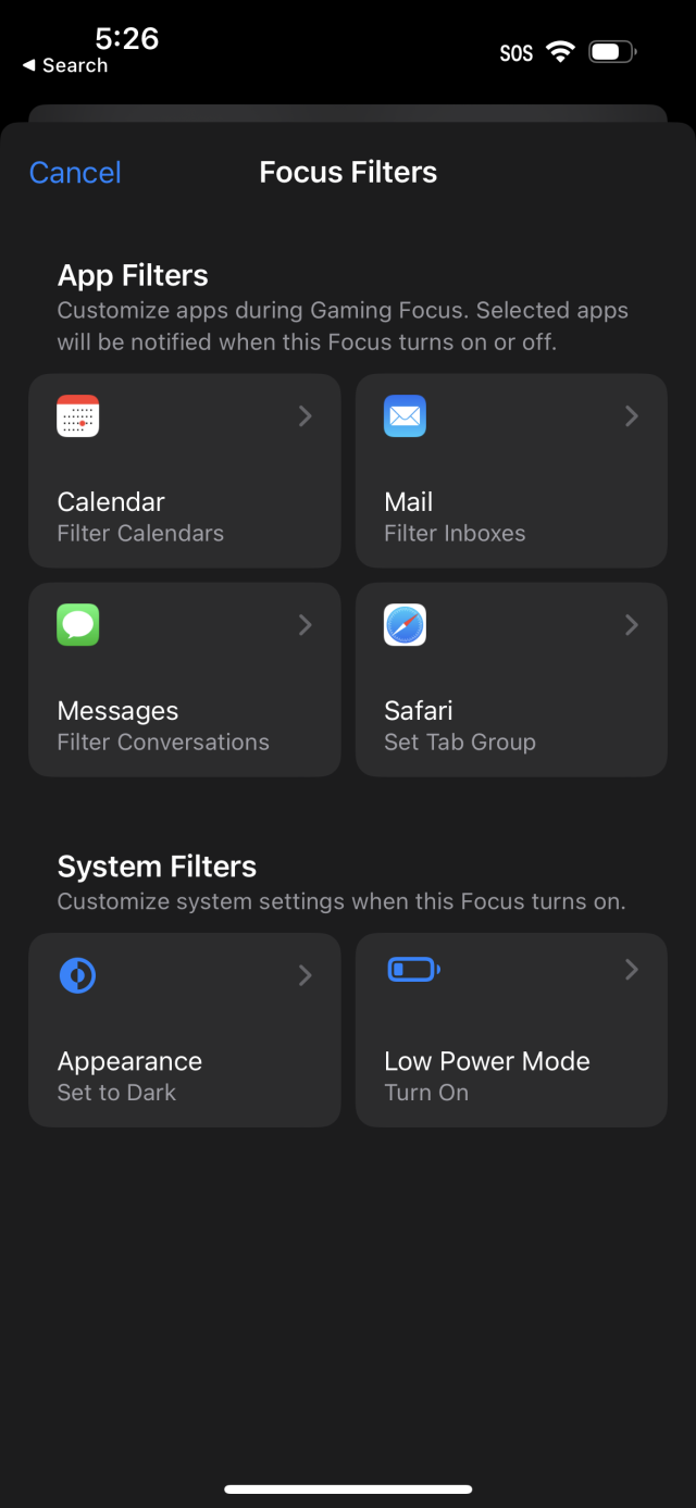 A menu for adding focus filters