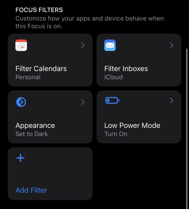 Focus Filters listed in the Focus settings menu