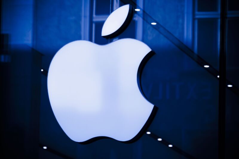 A large Apple logo seen in an Apple Store.