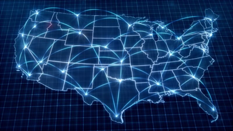 Ilustración de un mapa de EE. UU. con líneas entrecruzadas que representan una red de banda ancha.