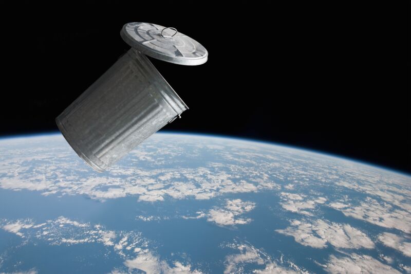 Illustration of a garbage can floating in orbit around Earth.