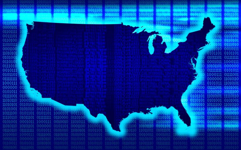 Illustration of ones and zeroes overlaid on a US map.