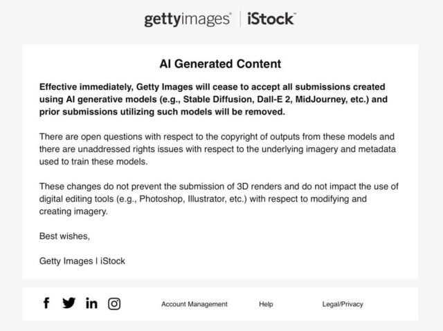 A notice from Getty Images and iStock about a ban on "AI generated content."