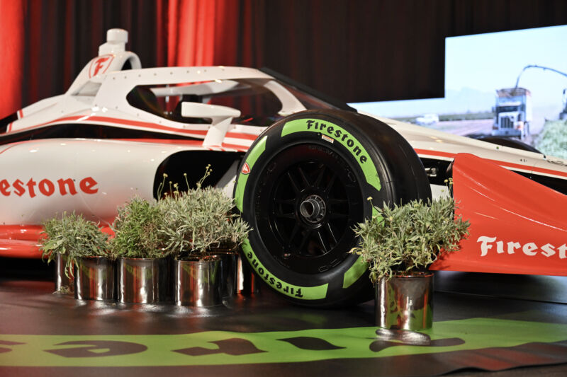 Race car posed in front of small guayule plants